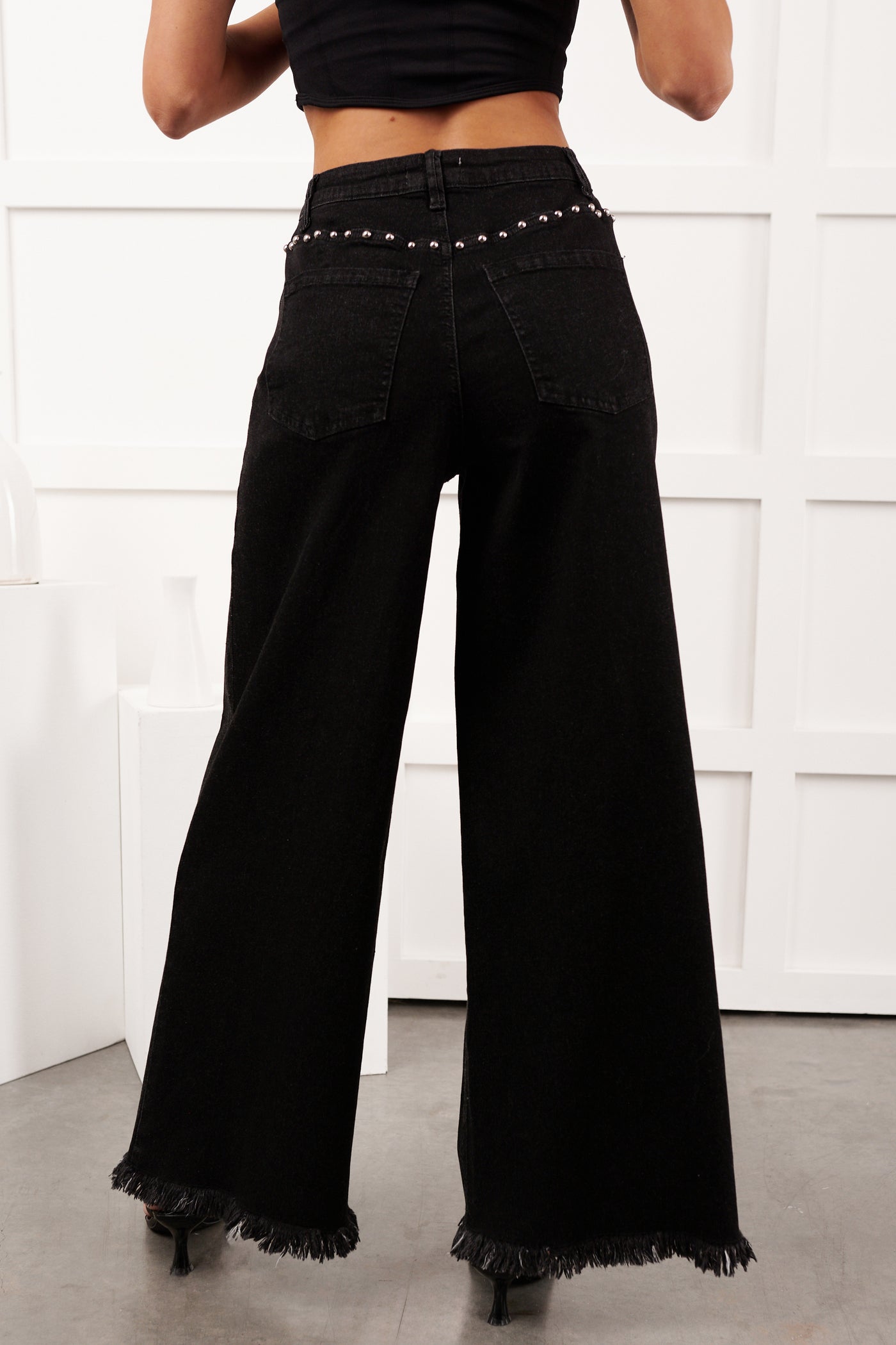 Galvan Wide Leg Studded Camellia Jeans (Black Wash) - NanaMacs