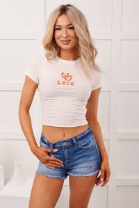 "Luck" Horseshoe Graphic Print Crop Top (Ivory)