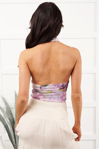 Easy Flirt Halter Mesh Crop Top (Purple Floral) - NanaMacs