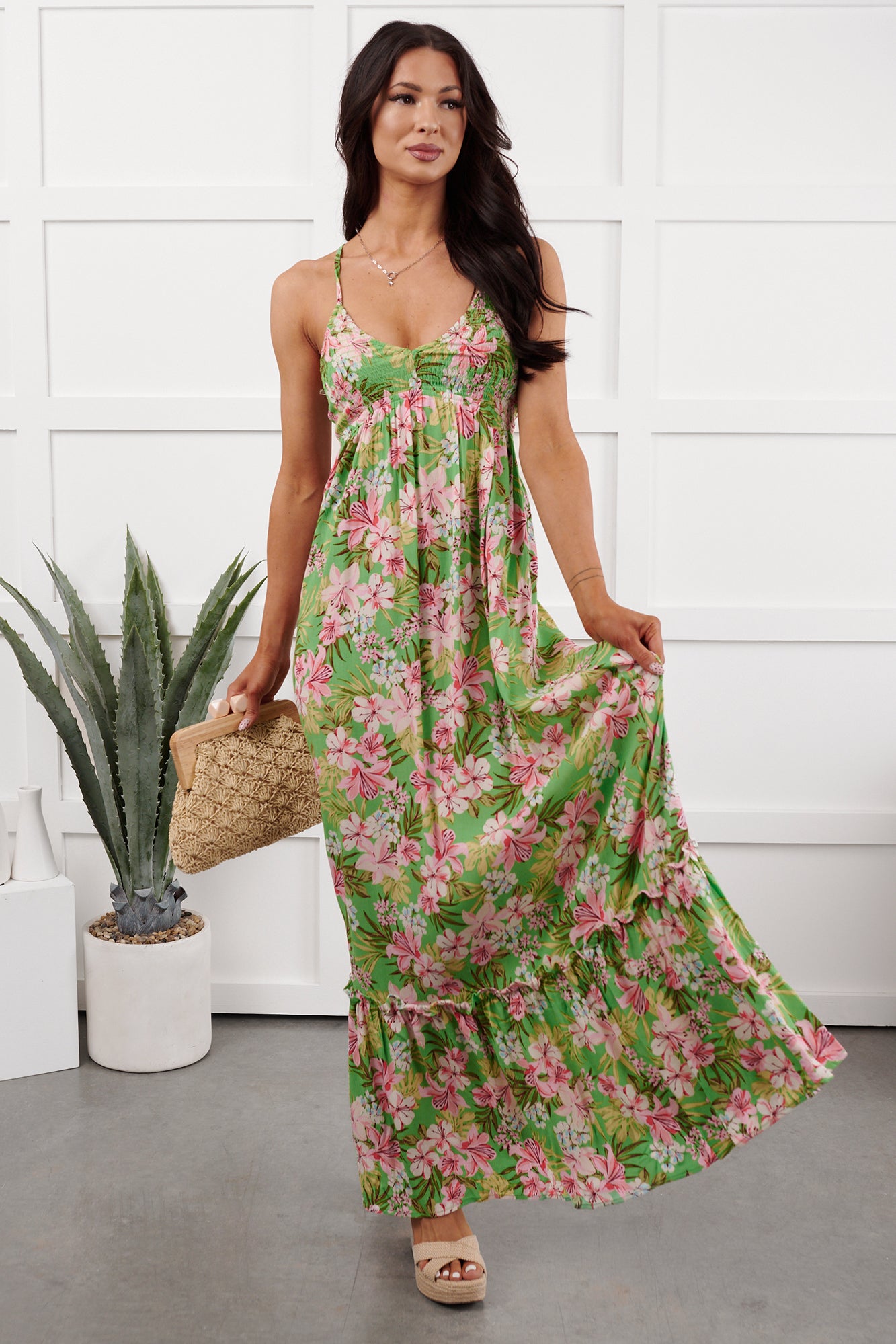Kissed Soft Sleeveless Floral Maxi Dress (Green/Coral) - NanaMacs