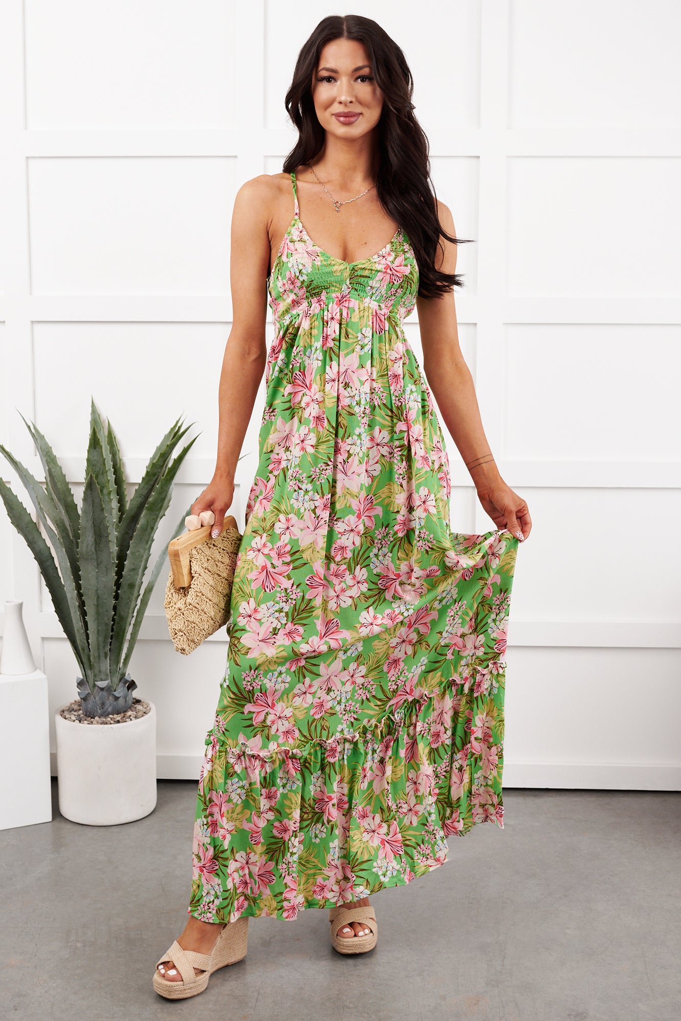 Kissed Soft Sleeveless Floral Maxi Dress (Green/Coral) - NanaMacs