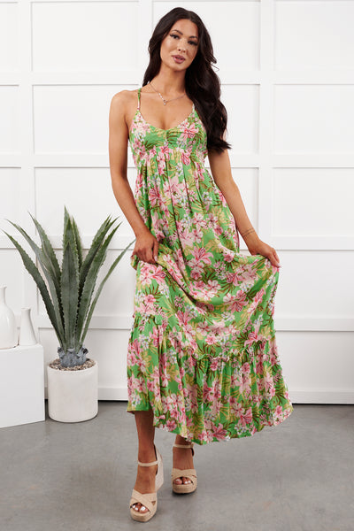 Kissed Soft Sleeveless Floral Maxi Dress (Green/Coral)