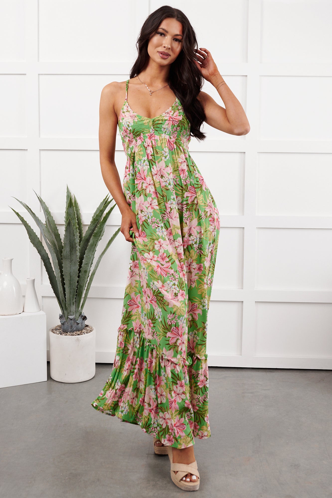 Kissed Soft Sleeveless Floral Maxi Dress (Green/Coral) - NanaMacs