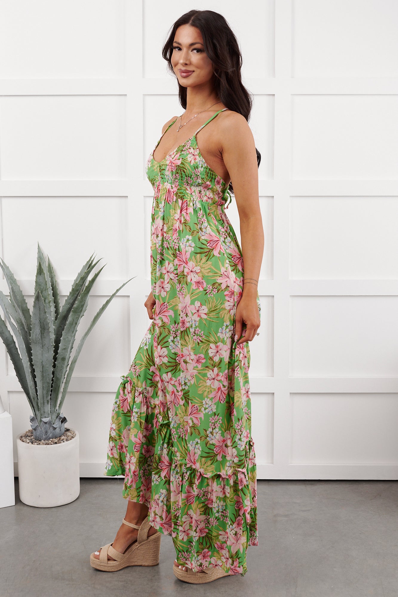 Kissed Soft Sleeveless Floral Maxi Dress (Green/Coral) - NanaMacs