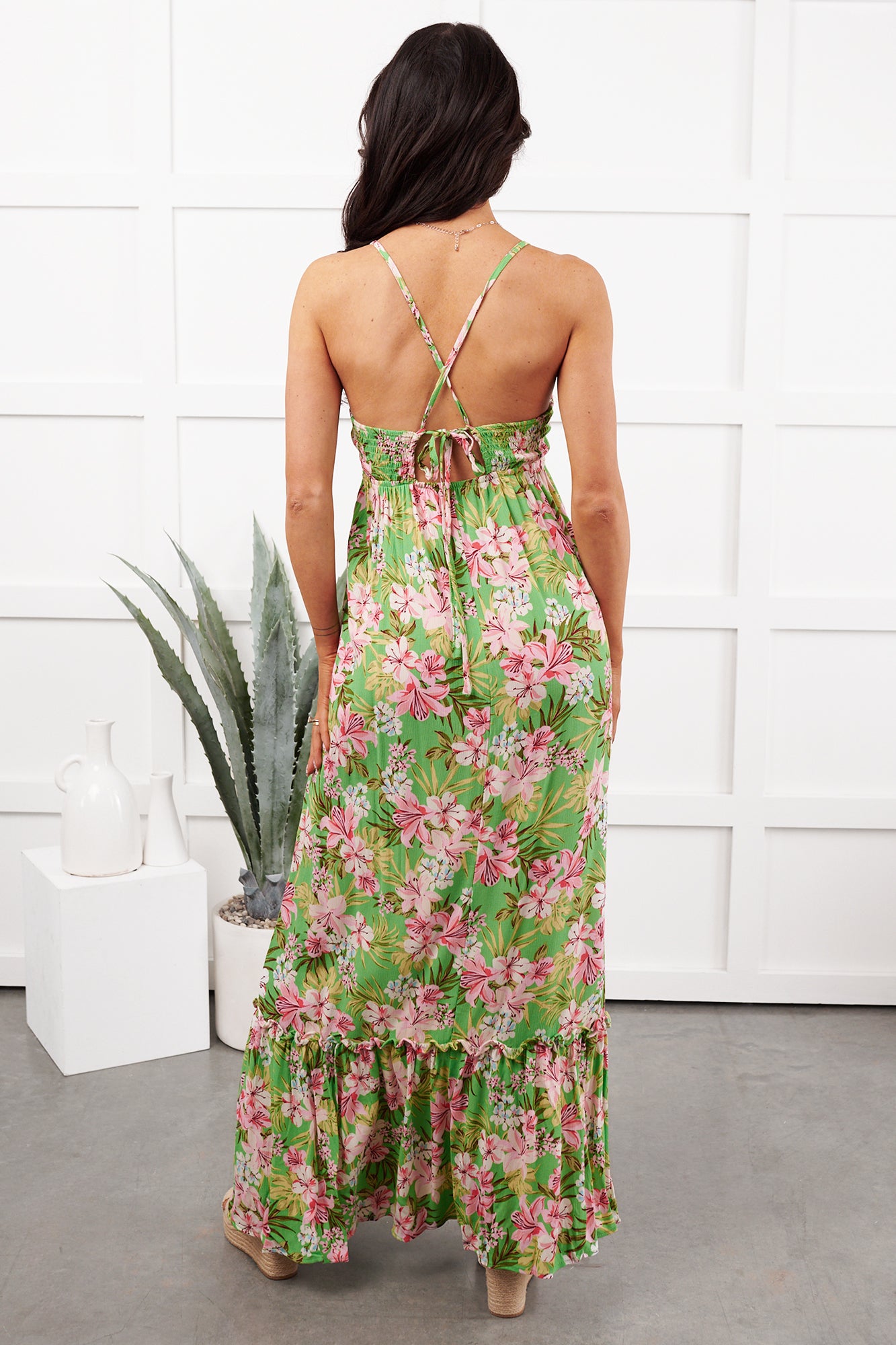 Women's Kissed Soft Sleeveless Floral Maxi Dress in Green/Coral - Size S Women's Kissed Soft Sleeveless Floral Maxi Dress in Green/Coral - Size S
