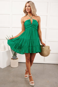 Well Framed Halter Tiered Mini Dress (Kelly Green) - NanaMacs