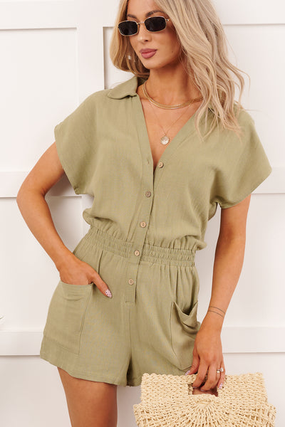 Done Proper Short Sleeve Collared Romper (Olive)