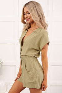 Done Proper Short Sleeve Collared Romper (Olive) - NanaMacs