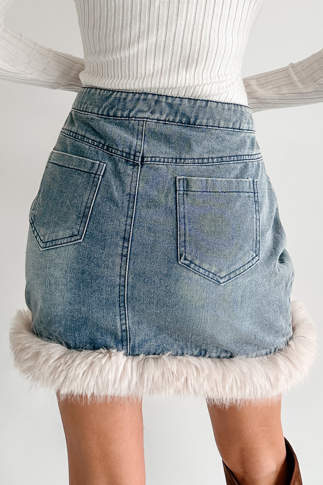 Charm Season Faux Fur Trim Mini Skirt (Denim Blue) · NanaMacs