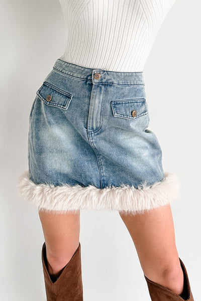 Charm Season Faux Fur Trim Mini Skirt (Denim Blue) - NanaMacs