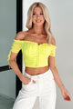 Sly Glances Off The Shoulder Hook-Front Crop Top (Citrus Green) - NanaMacs