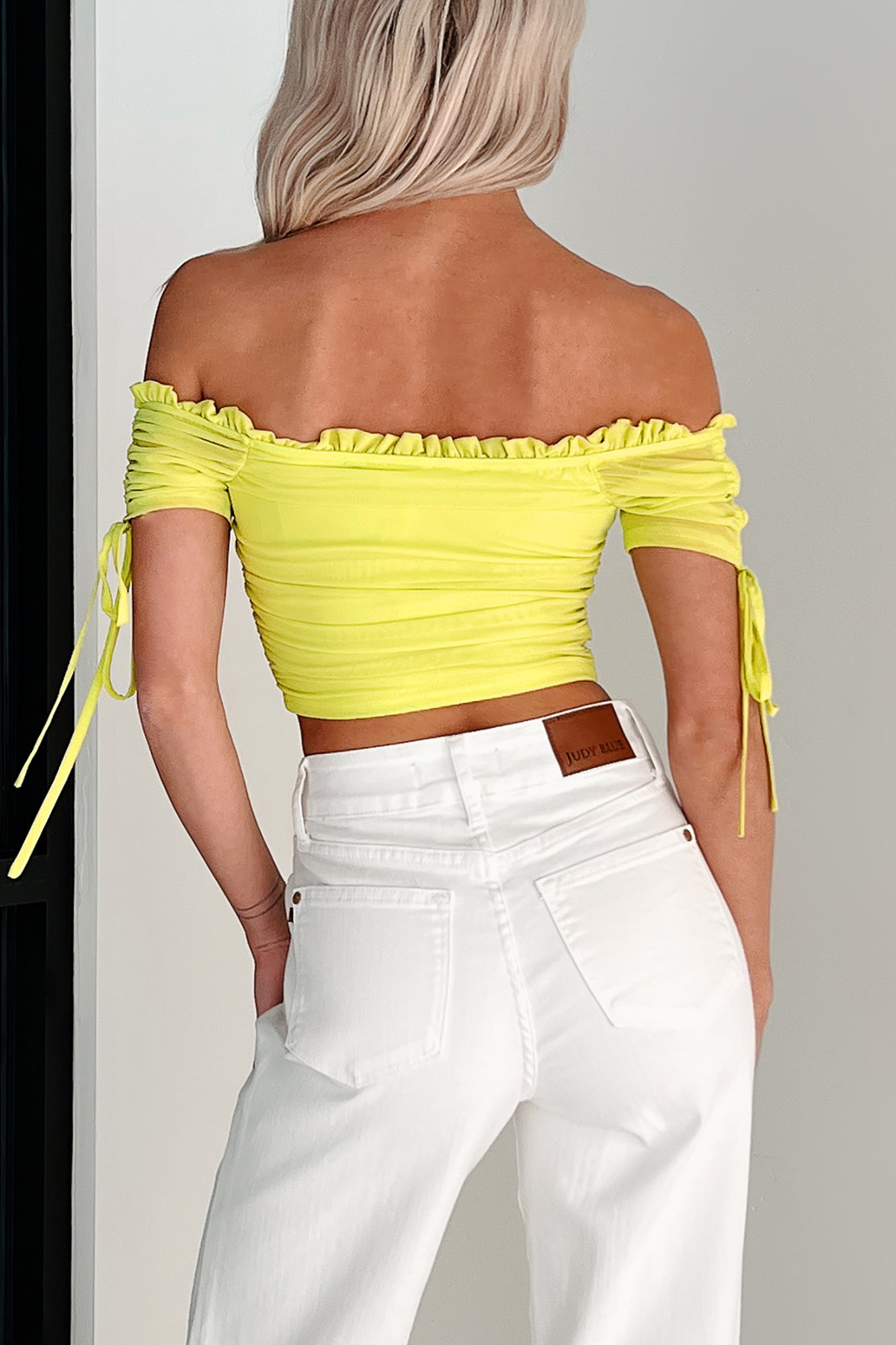 Sly Glances Off The Shoulder Hook-Front Crop Top (Citrus Green
