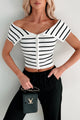 Lovely & Kind Off The Shoulder Striped Zip-Up Top (White) - NanaMacs