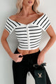 Lovely & Kind Off The Shoulder Striped Zip-Up Top (White) - NanaMacs