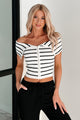 Lovely & Kind Off The Shoulder Striped Zip-Up Top (White) - NanaMacs