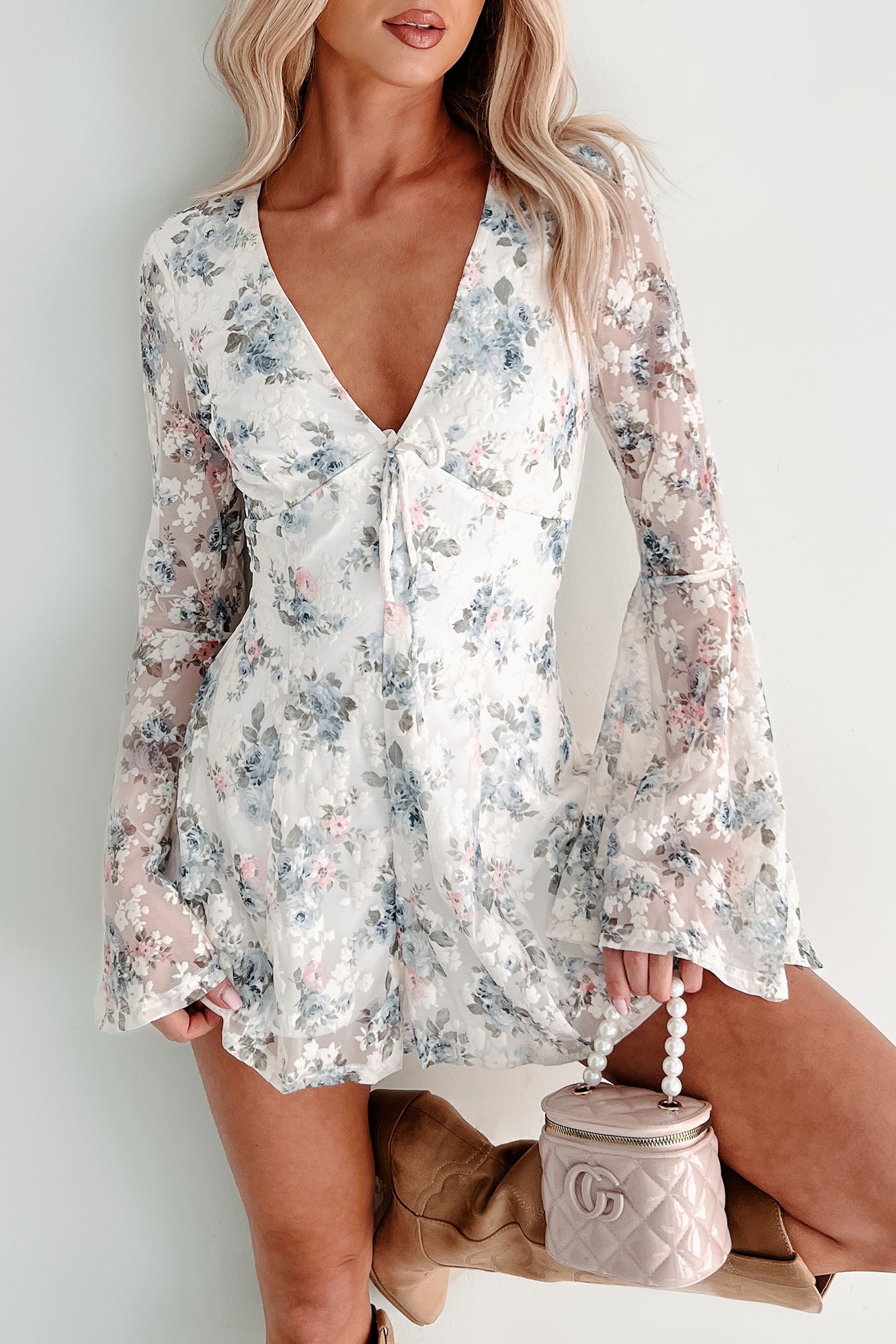 Tease In The Tulle Floral Romper (Ivory/Blue)-Ships by 2/28 - NanaMacs