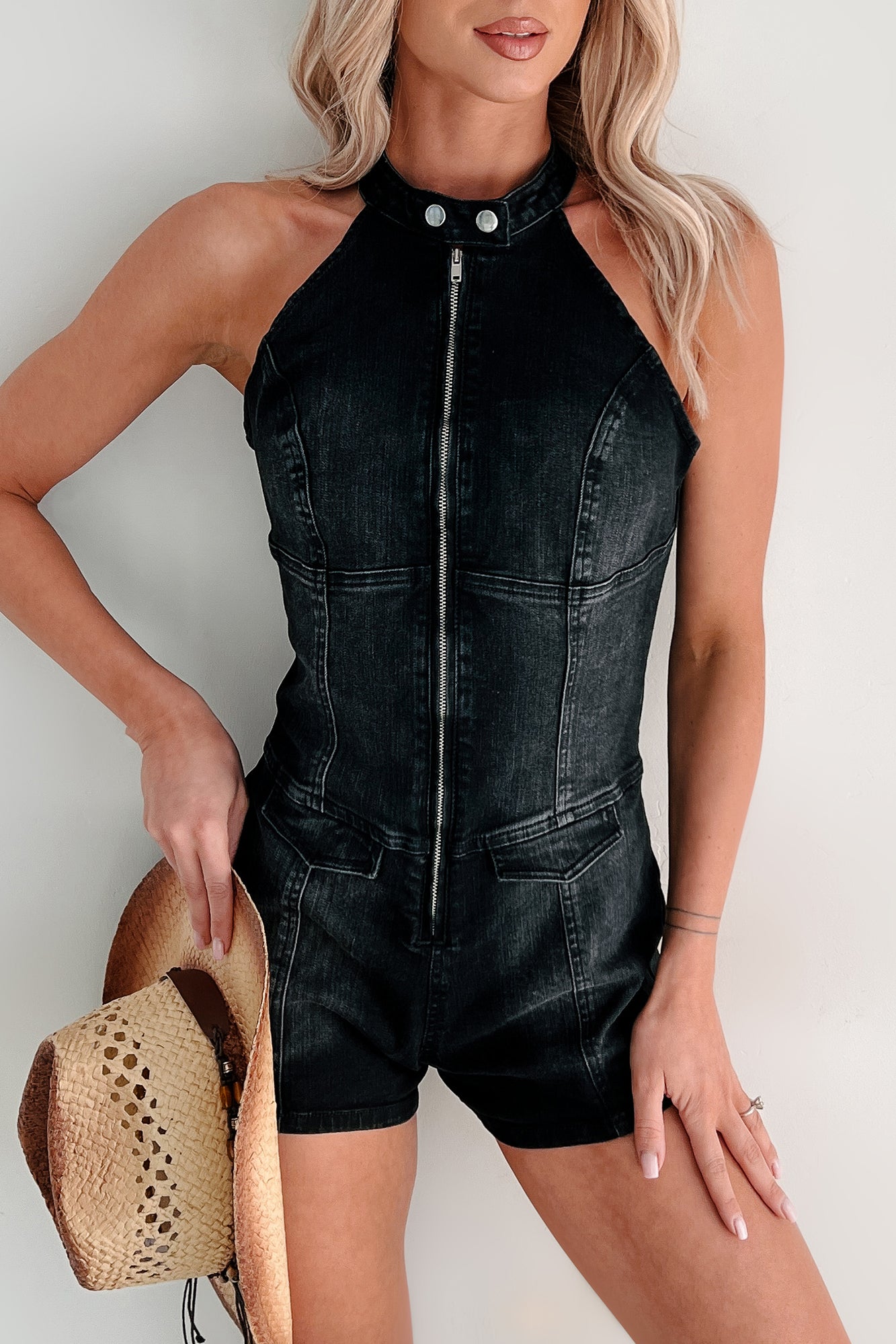 Rugged & Bold Zip Up Denim Romper (Black) - NanaMacs