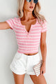 Comfy & Carefree Striped Short Sleeve Henley Top (Pink) - NanaMacs