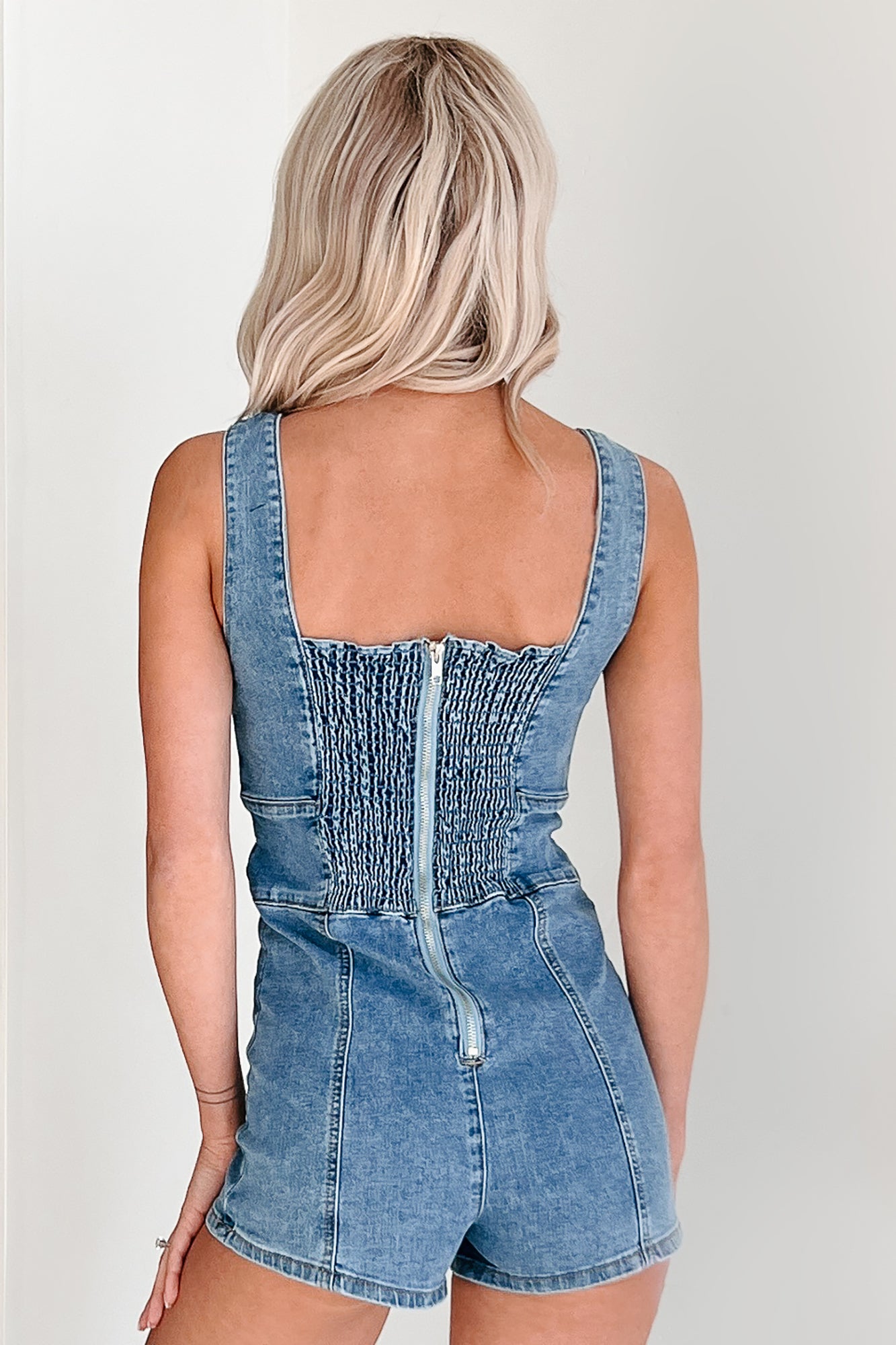 Too Cool For Stress Sleeveless Plunge Neck Romper (Denim) - NanaMacs