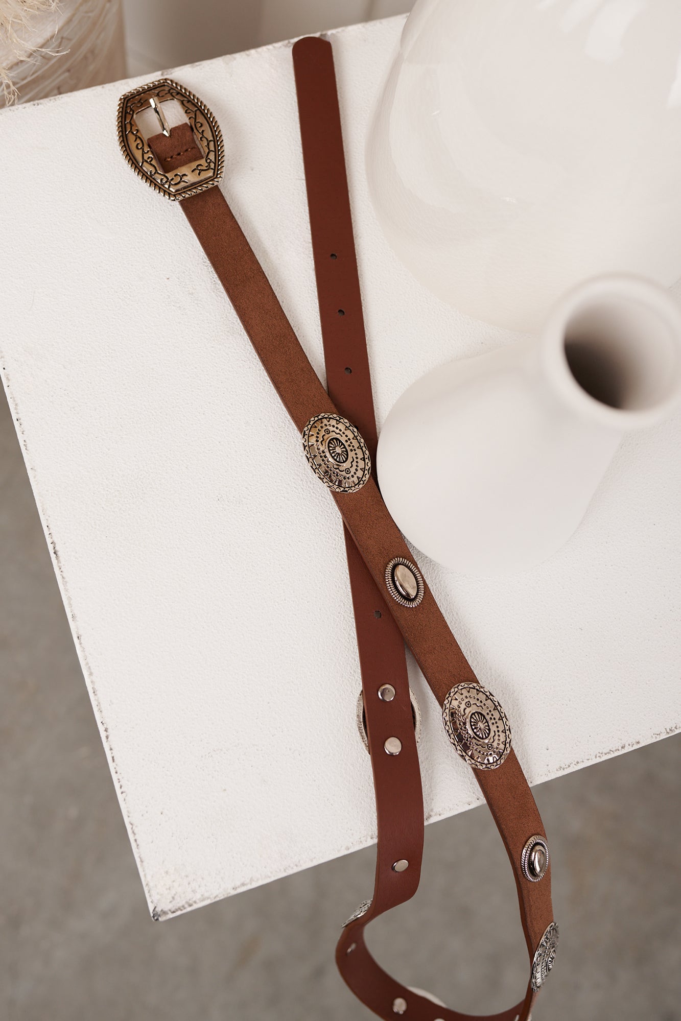 Western Daydream Concho Detail Belt (Silver/Dark Brown) - NanaMacs
