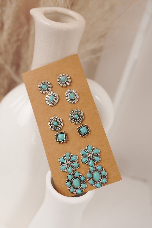Saddle Dream Turquoise Stone Concho Earring Set (Silver) - NanaMacs