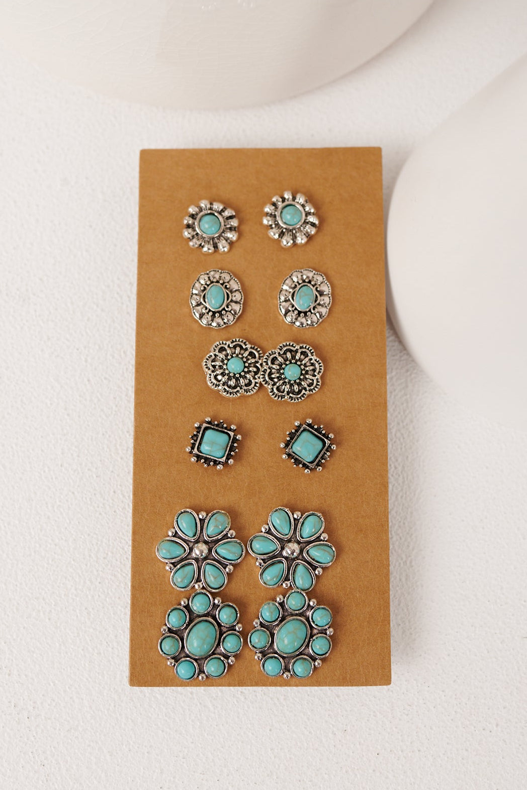 Saddle Dream Turquoise Stone Concho Earring Set (Silver) - NanaMacs