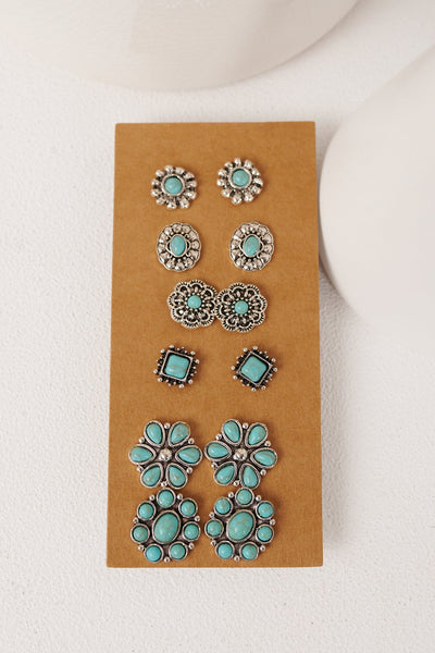Saddle Dream Turquoise Stone Concho Earring Set (Silver) - NanaMacs