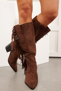 Harvest Heart Faux Suede Fringe Detail Boots (Brown)