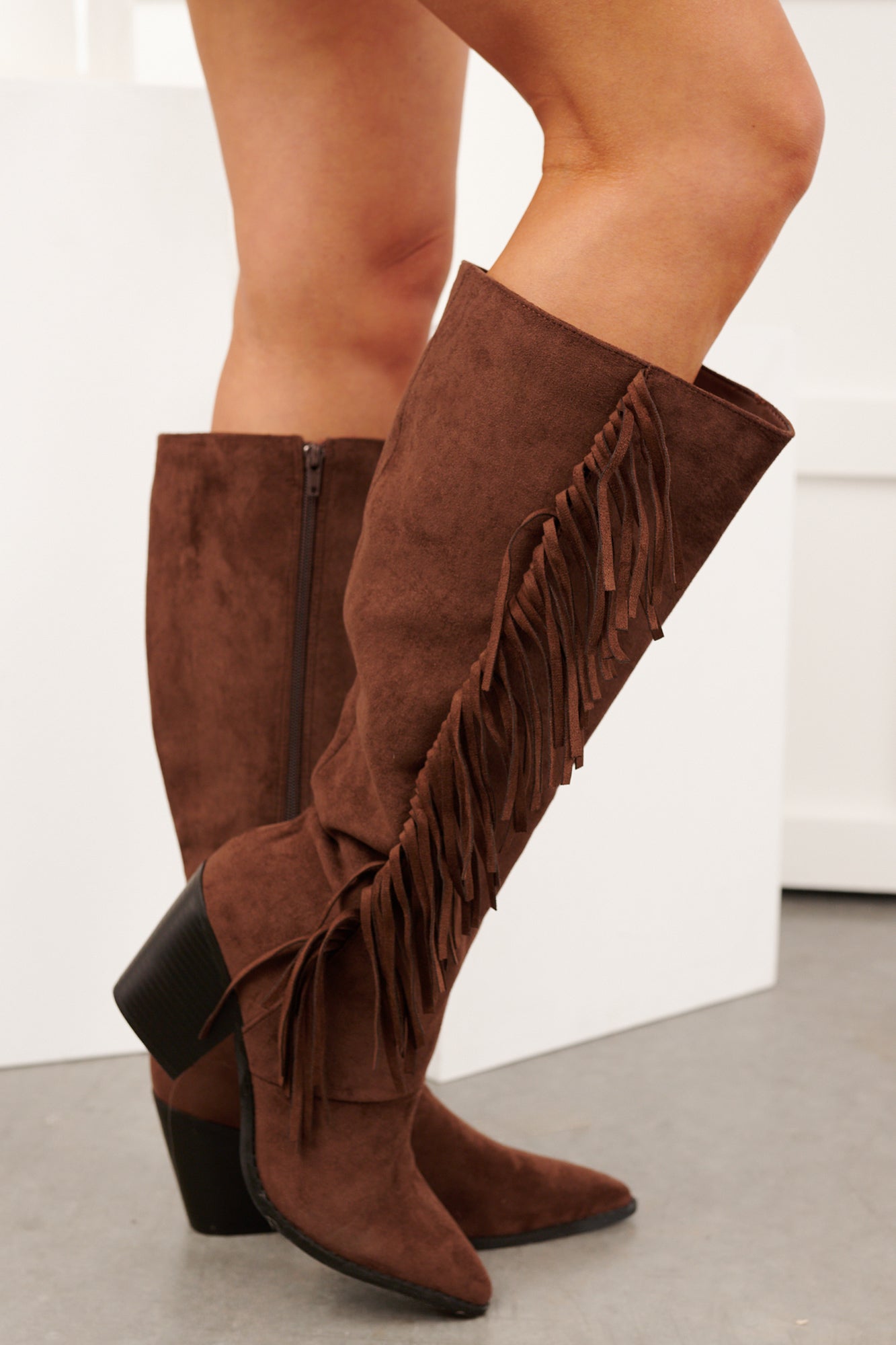 Harvest Heart Faux Suede Fringe Detail Boots (Brown)