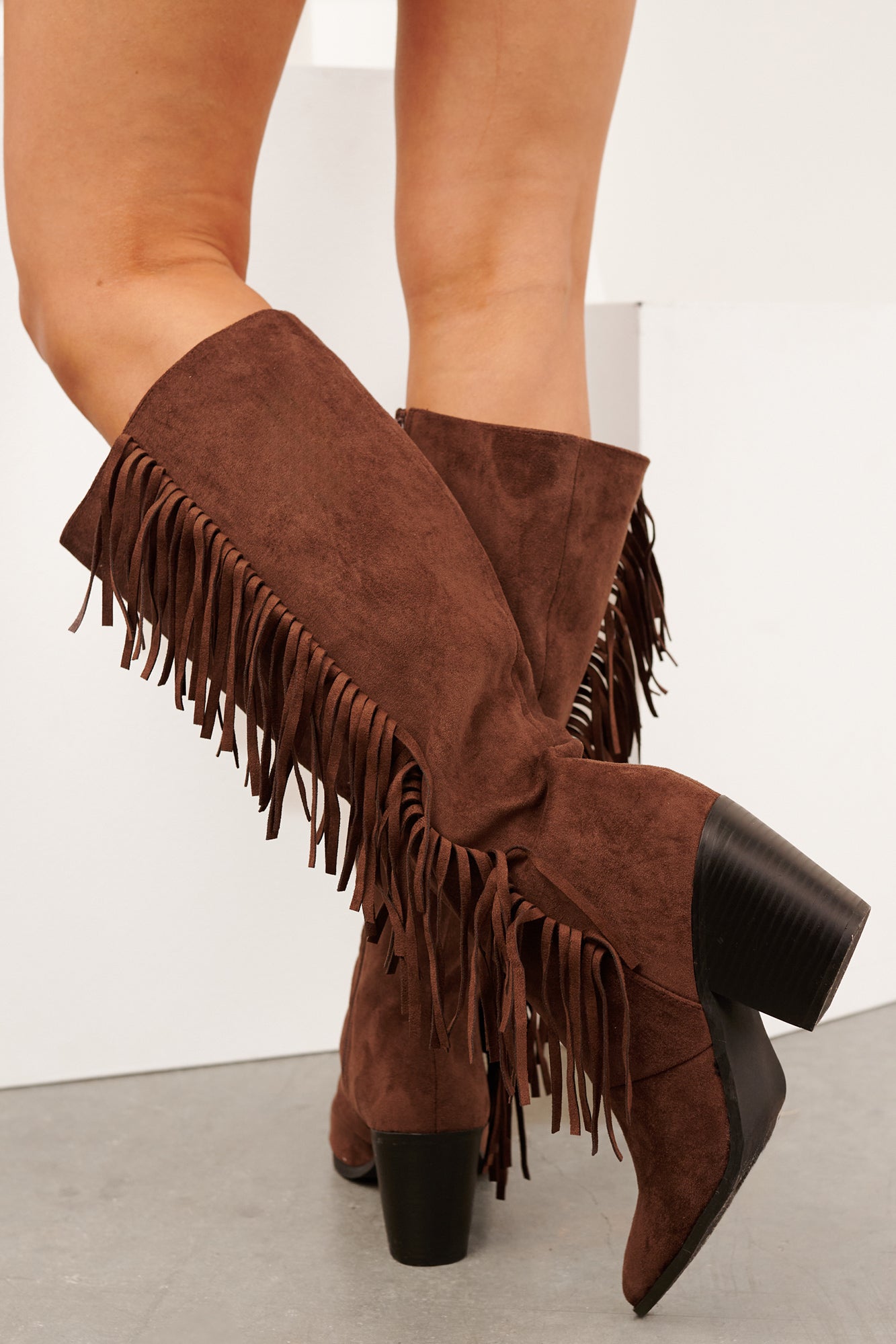 Harvest Heart Faux Suede Fringe Detail Boots (Brown)