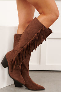 Harvest Heart Faux Suede Fringe Detail Boots (Brown)