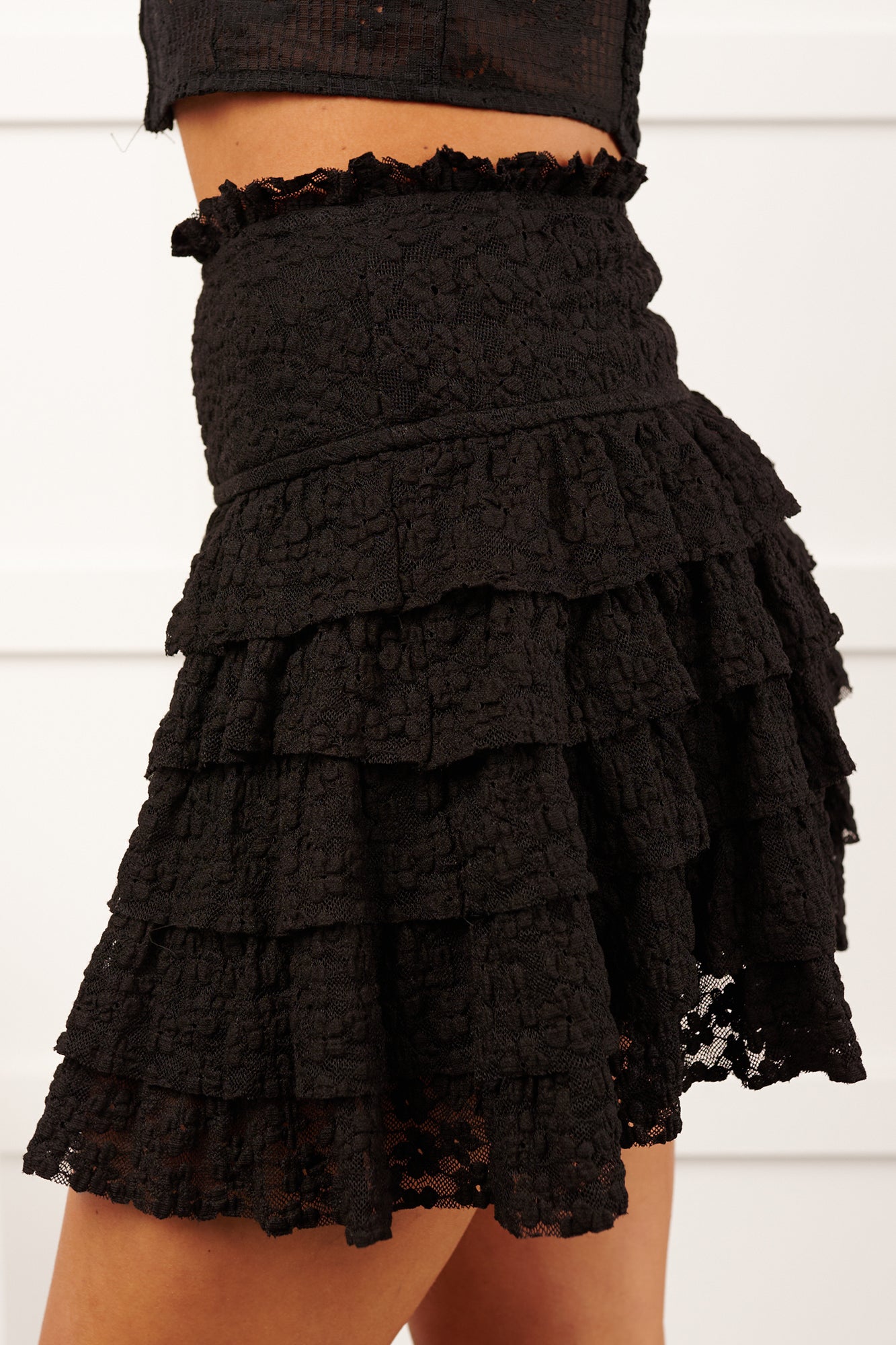 My First Kiss Lace Ruffled Layered Mini Skirt (Black) - NanaMacs
