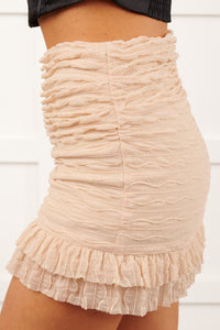 Sunlit Pause Ruched Mesh Mini Skort (Sand Beige)