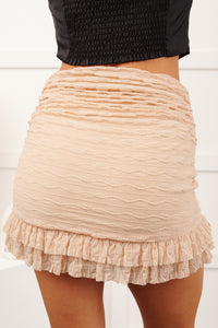 Sunlit Pause Ruched Mesh Mini Skort (Sand Beige)