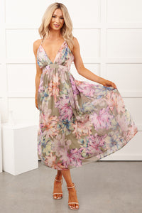 Blissful Romance Floral Sleeveless Midi Dress (Sage Multi)