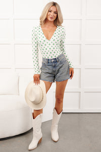Shamrock Shimmy NM Original Printed V-Neck Bodysuit (White/Green) - NanaMacs