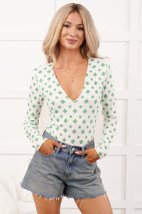 Shamrock Shimmy NM Original Printed V-Neck Bodysuit (White/Green) - NanaMacs