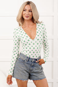 Shamrock Shimmy NM Original Printed V-Neck Bodysuit (White/Green) - NanaMacs