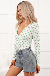 Shamrock Shimmy NM Original Printed V-Neck Bodysuit (White/Green) - NanaMacs