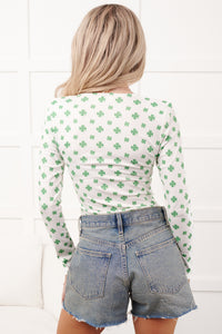 Shamrock Shimmy NM Original Printed V-Neck Bodysuit (White/Green) - NanaMacs