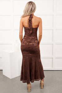 Late Night Lights Floral Halter Midi Dress (Chocolate)