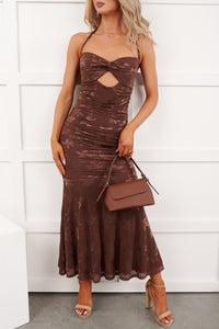 Late Night Lights Floral Halter Midi Dress (Chocolate)