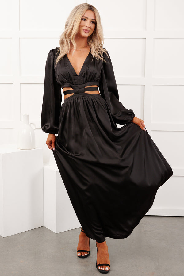 Pure Glamour Long Sleeve Satin Maxi Dress (Black)