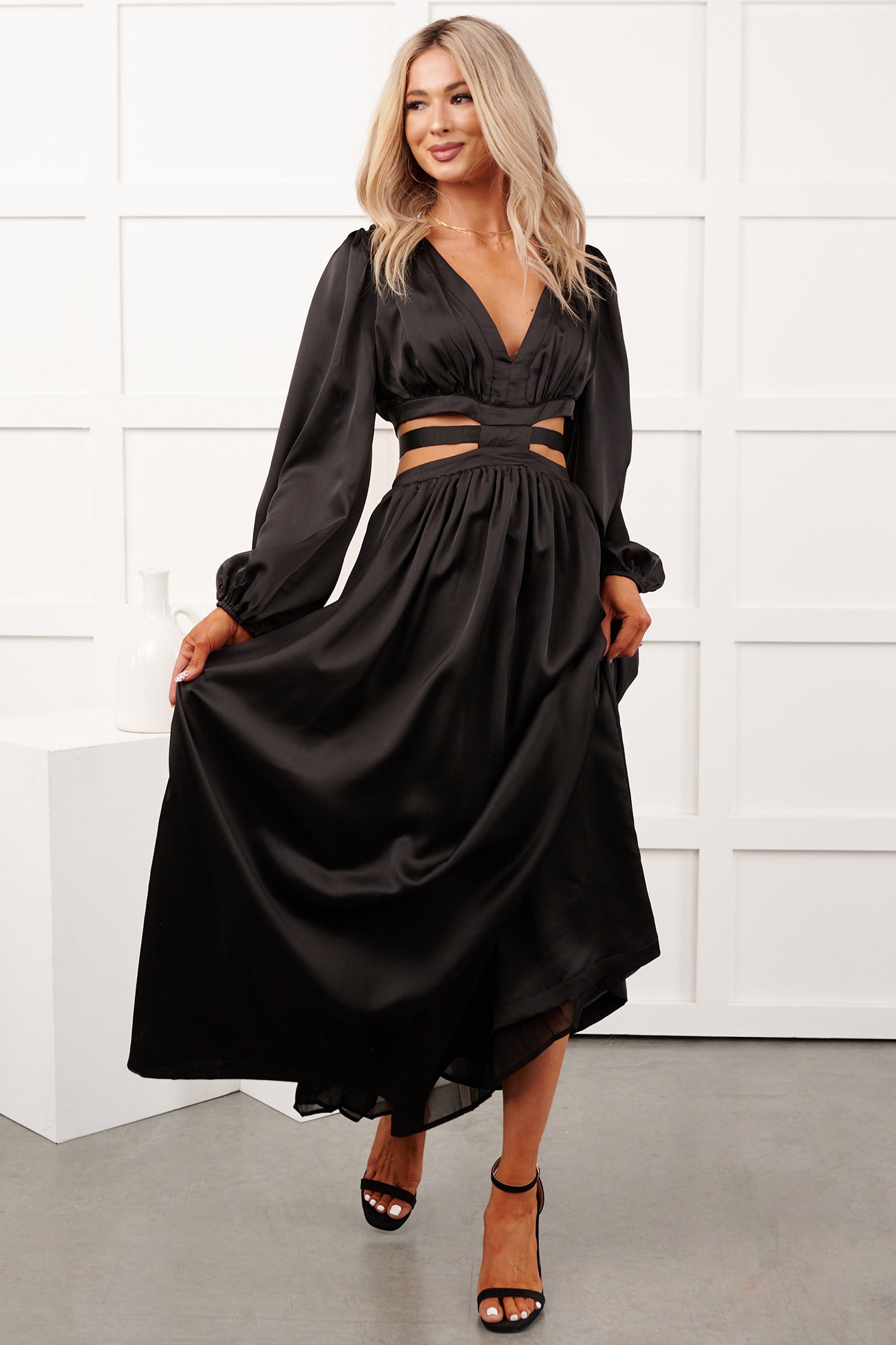 Pure Glamour Long Sleeve Satin Maxi Dress (Black) · NanaMacs