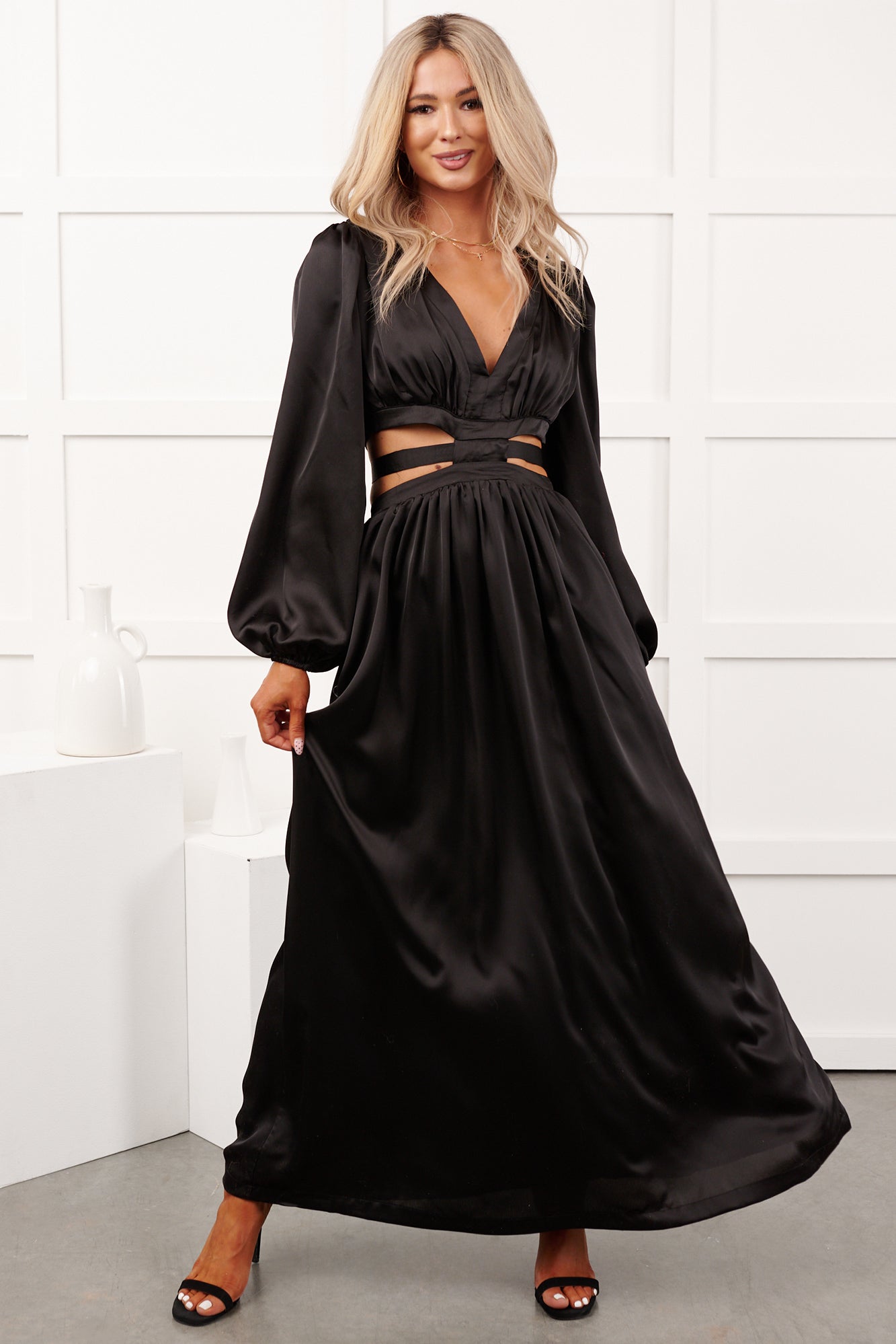Pure Glamour Long Sleeve Satin Maxi Dress (Black) - NanaMacs