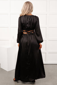 Pure Glamour Long Sleeve Satin Maxi Dress (Black) - NanaMacs