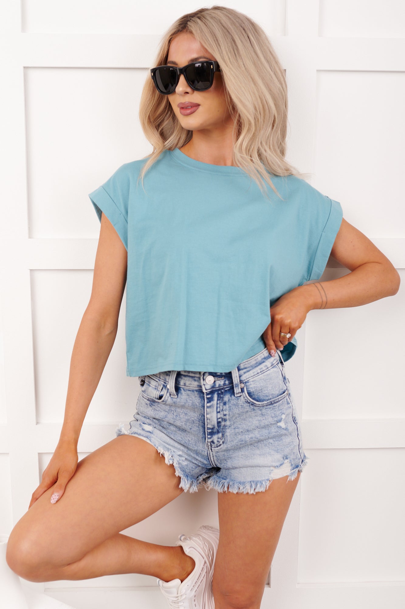 Bethany Oversized Crop Tee (Heather Light Teal) - NanaMacs