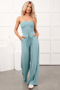 Garden Muse Smocked Strapless Jumpsuit (Dusty Teal)