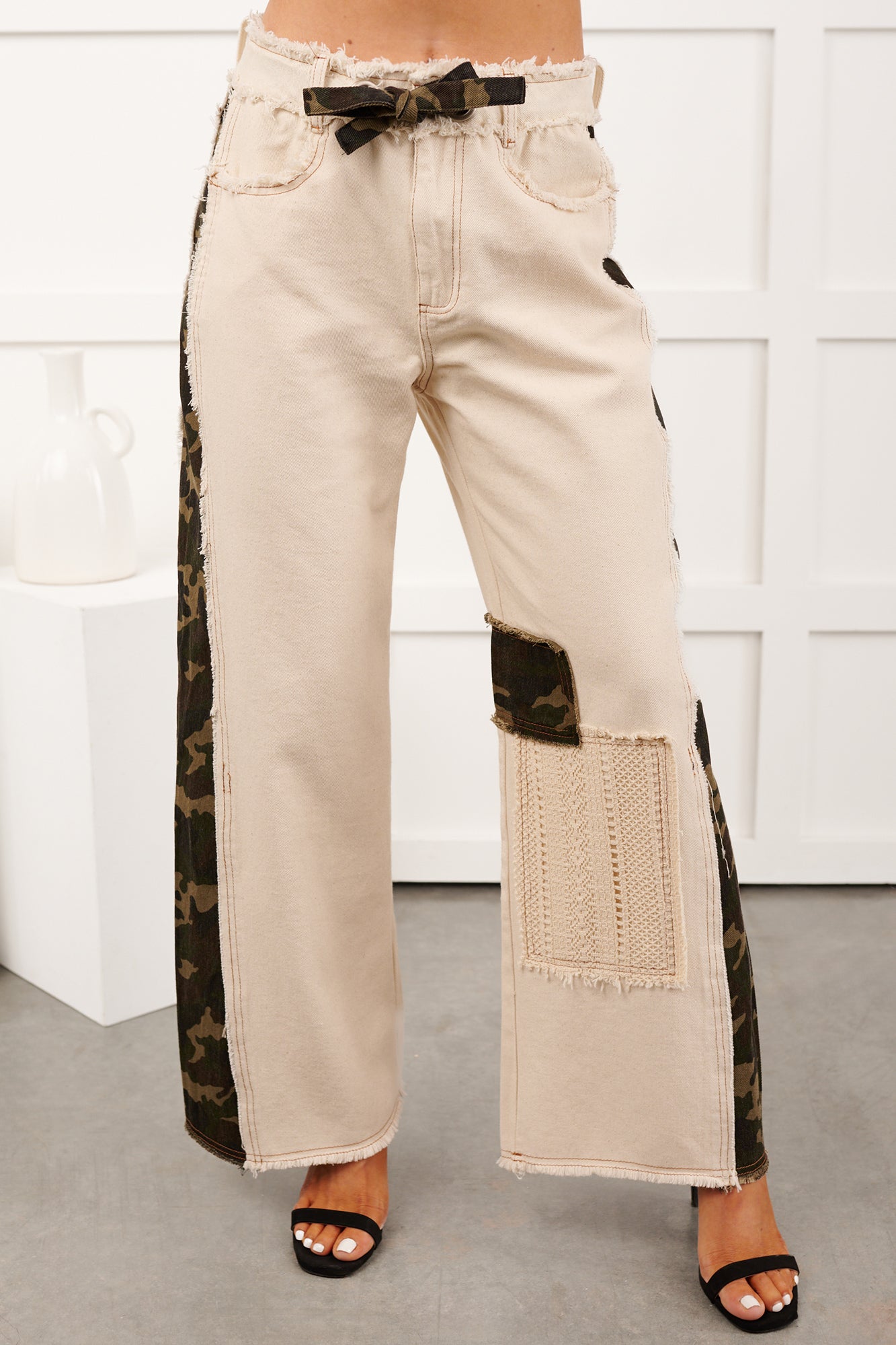 Rosales Wide Leg Camo Denim Pants (Ivory) - NanaMacs