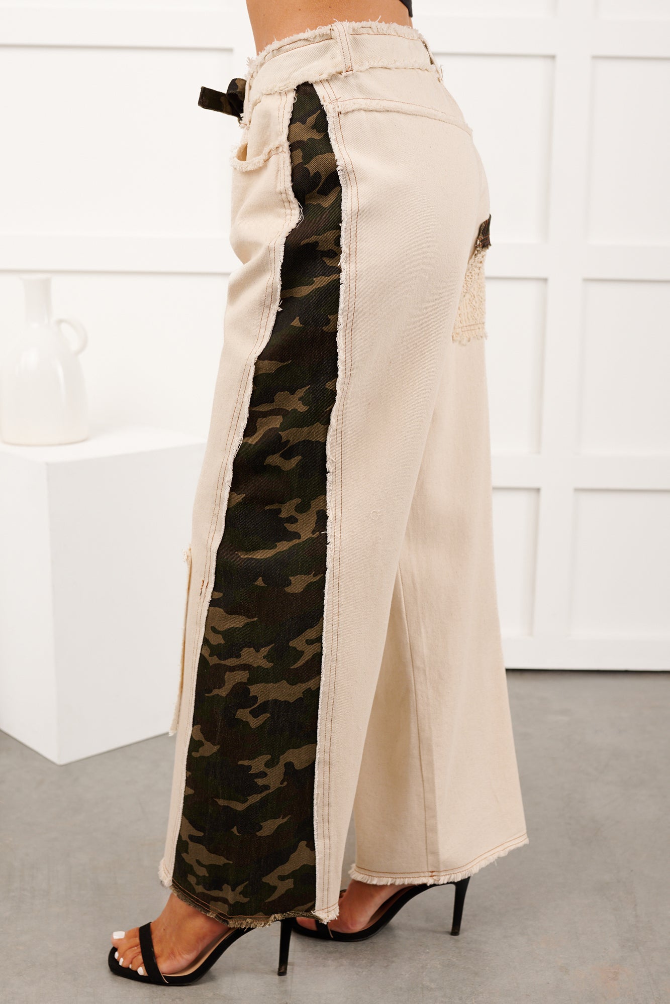 Rosales Wide Leg Camo Denim Pants (Ivory) - NanaMacs